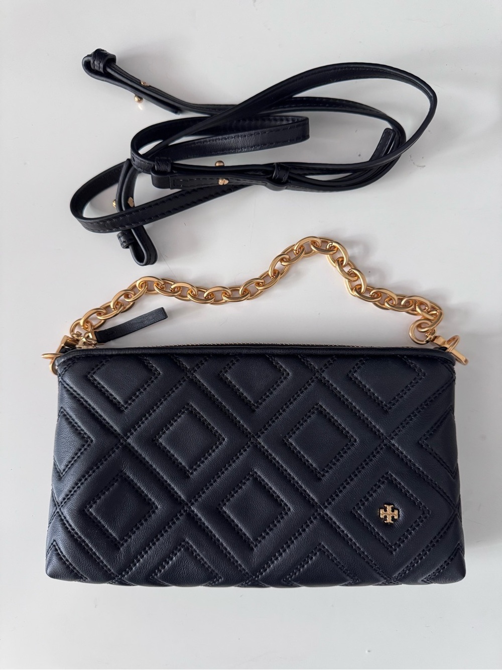 Tory Burch Black Quilted Leather Convertible Strap Clutch